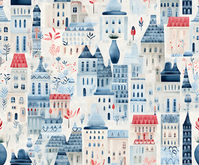 Watercolor city seamless hand drawn pattern