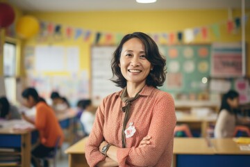 Portrait of a smiling and confident asian middle school teacher teaching a classroom with students behind