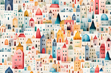 Watercolor city seamless hand drawn pattern