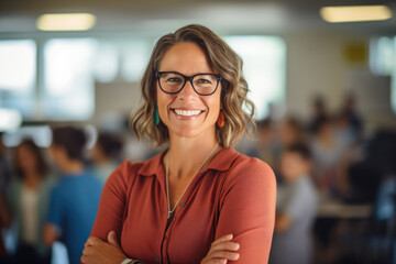Portrait of smiling teacher in a class at elementary school looking at camera with blurred learning students on background - obrazy, fototapety, plakaty