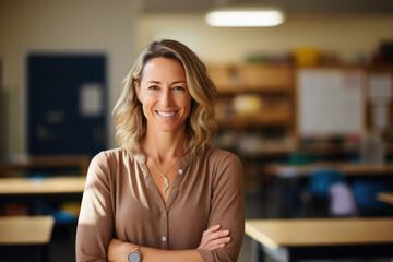 Portrait of smiling teacher in a class at elementary school looking at camera. Back to school! - obrazy, fototapety, plakaty