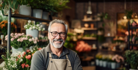 Middle age small shop owner standing and looking to camera. Business portrait. Own business concept