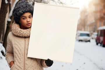 An African American girl in warm winter clothes on the street holds a large white poster in her hand. Free space for product placement or advertising text.