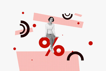 Coupon collage of happy sitting percentage symbol shopaholic lady buy super sale discount limited...