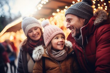 Family have wonderful time on traditional Christmas market on winter evening. Parents and kid...
