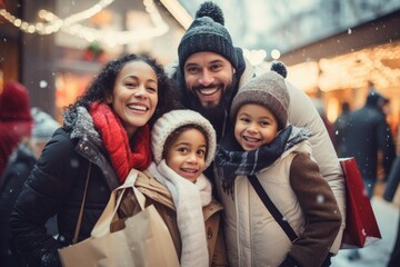 Photo of cheerful family mommy daddy daughters happy positive smile look each other winter trip outdoors - obrazy, fototapety, plakaty
