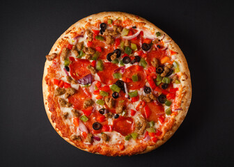 Overhead view of tasty pepperoni pizza