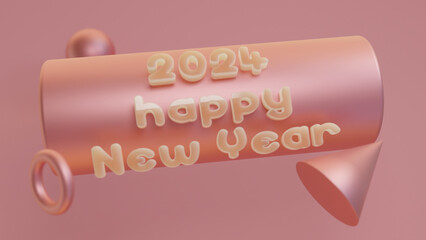 3d rendering of a set of shapes. A text with the date of the new year 2024 and a wish for a happy new year on an abstract pink background. 3d illustration for Christmas pictures and screensavers.