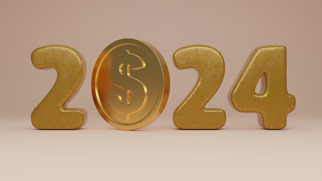 3d rendering of the date 2024 new year with a gold coin of the American dollar. Illustration of financial success in the new year 2024.