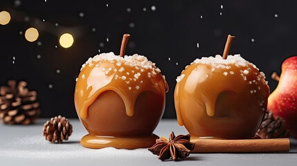 Apples covered with caramel on a table with spices and fir cones. - obrazy, fototapety, plakaty