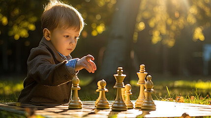 little child playing chess. chessmaster
