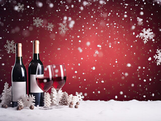 Two bottles and glasses of red wine on a New Year's snowy background with falling decorative snowflakes. Free space for product placement or advertising text.