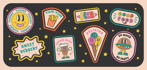 90 Cool Sticker Food Collage. Cartoon Character of Ice Cream, French Fries, Coffee Cup, Hamburger and Retro Millennium Slogan Patches. Fun Smile Faces, y2k Vector Illustration. Funky art for T-Shirts