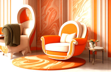 Orange daybed and armchair adjoin aphotic dejected archetypal bank with marbling poster. Art deco home autogenous architecture of avant-garde active room