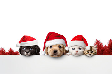 A row of puppies and kittens wearing Santa Claus hats peek out behind a white poster on a white background. Free space for product placement or advertising text.