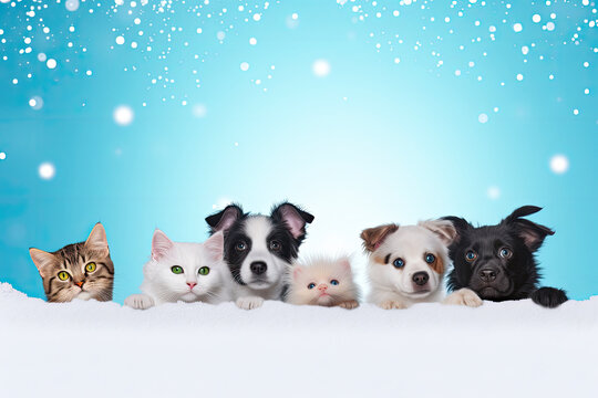 A row of dogs and cats peek behind a white snowdrift on a blue background. Free space for product placement or advertising text.