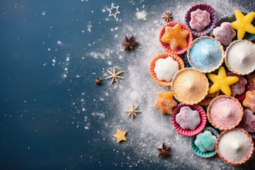 Top view of New Year's multi-colored cupcakes and muffins on a blue background with decorative snowflakes and powdered sugar. Free space for product placement or advertising text.
