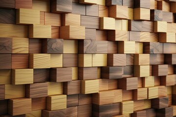 arranged tiles forming 3d wall with wood background, created from arabesque blocks. Generative AI