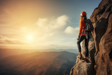 Woman climbing mountain with rope, outdoor nature activity and fitness exercise, Cliff rock climb, mountaineering adventure and action danger risk, Safety gear, peaceful earth and freedom motivation