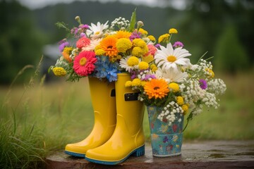 Bright yellow rain boots accompanied by a vibrant wildflower bouquet against a picturesque summer backdrop. Generative AI