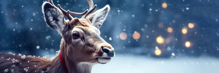 Beautiful Christmas deer in the snow with Christmas lights in the background. Banner