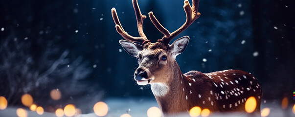 Beautiful Christmas deer in the snow with Christmas lights in the background. Banner