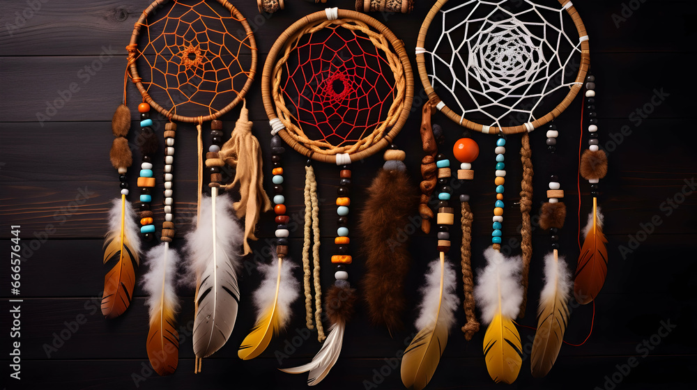 Wall mural process of creating dream catcher with feathers threads and beads rope hanging,generated by ai