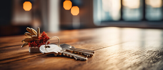 Some house keys on a table in the Interior of a Danish style living room. new arrival. just bought