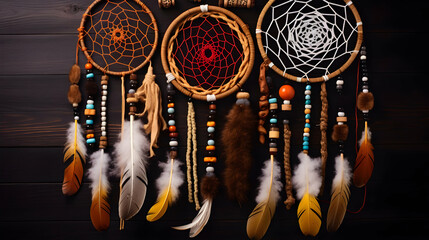 process of creating Dream catcher with feathers threads and beads rope hanging,Generated by AI - obrazy, fototapety, plakaty