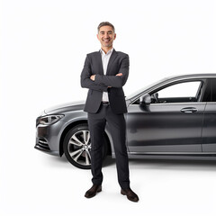 Car salesman, smiling man full length isolated on transparent white background