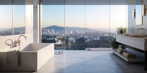AI Generated. AI Generative. White light minimal modern bathroom with big window and urban city landscape view. Graphic Art