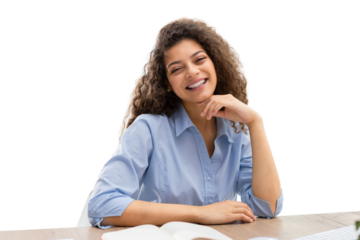 Smiling businesswoman looking at camera, make conference or business call, recording video blog, talking with client on a transparent background