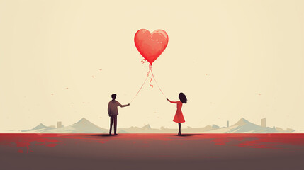 Para, mężczyzna i kobieta trzymają wspólnie balon w kształcie serca - obrazy, fototapety, plakaty