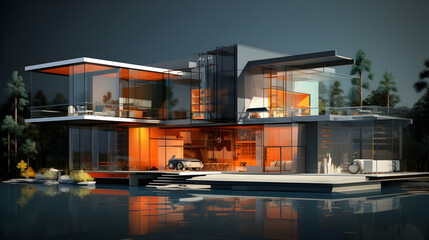 Illustration of a modern house, 3d rendering, Generative AI - obrazy, fototapety, plakaty