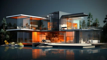 Fotobehang Illustration of a modern house, 3d rendering, Generative AI © ART