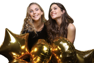 Beautiful girls celebrating New Year. Gorgeous smiling young women enjoying party celebration, having fun together on a transparent background