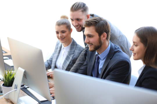 startup business team on meeting brainstorming, working on tablet and PC computers on a transparent background