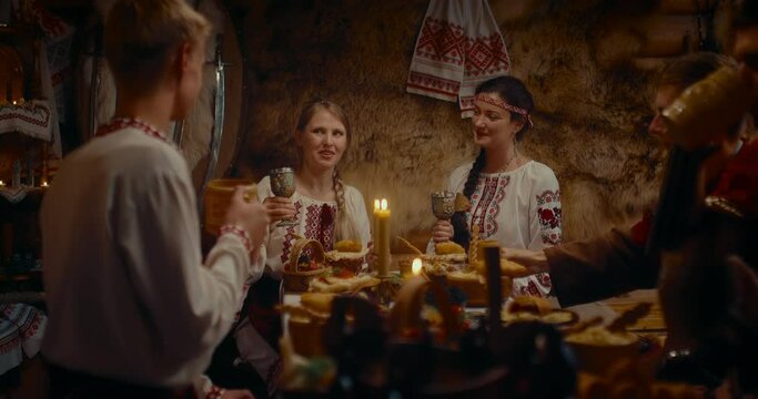 ritual of matchmaking in ancient Slavic culture, female matchmaker presenting bride, 4K, Prores