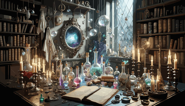 Photo-realistic depiction of a witch's laboratory, a room filled with intrigue, with vials of shimmering elixirs, scrolls with incantations, a magical mirror reflecting another and realm.