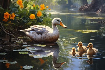 Family of ducks glides across a serene pond, their reflection visible in the water
