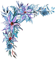 Watercolor hand painted vintage Christmas corner with poinsettias in blue color. PNG transparent design element