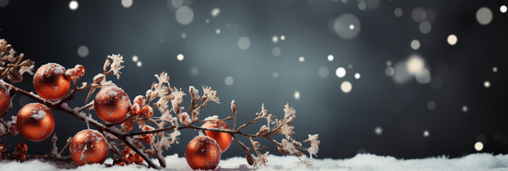 Christmas background with snowflakes, Christmas tree branch and Christmas tree toys - obrazy, fototapety, plakaty