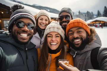Fotobehang A happy and diverse group of young men and women, donned in winter attire, posing for a photo during a ski vacation in the mountains while enjoying alcoholic beverages and having a great time. © Creative Clicks