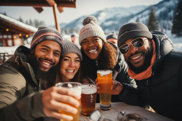 A happy and diverse group of young men and women, donned in winter attire, posing for a photo during a ski vacation in the mountains while enjoying alcoholic beverages and having a great time.