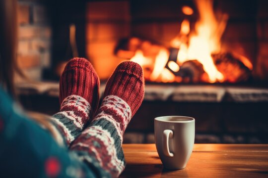 Feet dressed in cozy wool socks next to the Christmas fireplace. A woman relaxes by the fire with a hot drink and warms her feet with wool socks. Close-up of the feet.
