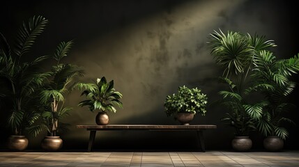 Fototapeta premium A dark wall empty room with plants on a floor.