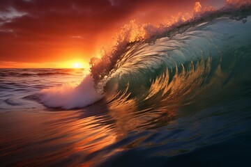 Ocean sunset with a crashing wave. Generative AI