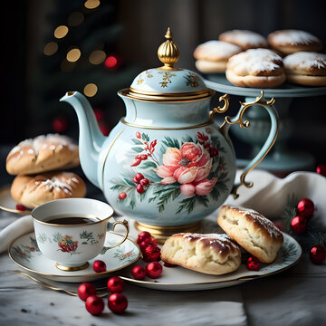A teapot and scone set for a Christmas afternoon break.
