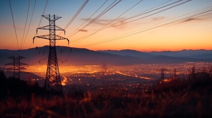 High power electricity poles in urban area. Energy supply, distribution of energy, transmitting energy, energy transmission, high voltage supply concept - obrazy, fototapety, plakaty