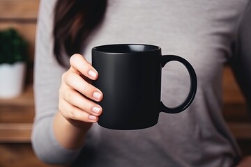 Girl holding black coffee mug. Cup mock up template design. Add logo or text. Generative Ai